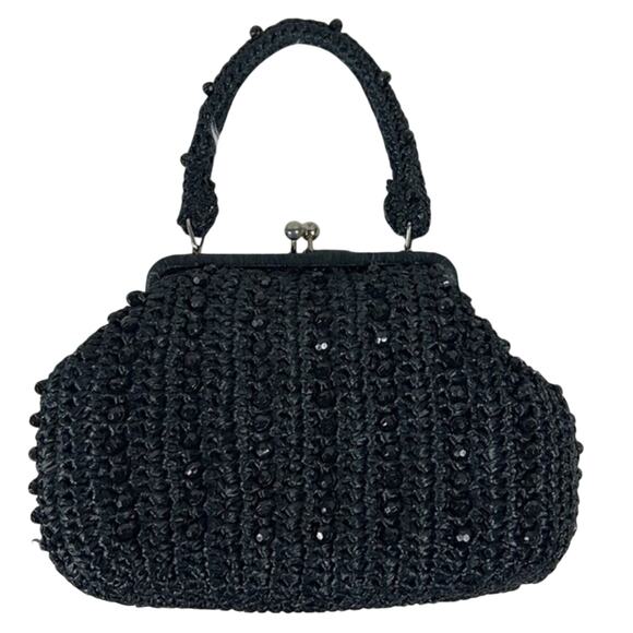 Vintage Marcus Brothers Handbag Black Beaded Crochet Top Handle Evening 50s Glam - Picture 4 of 5
